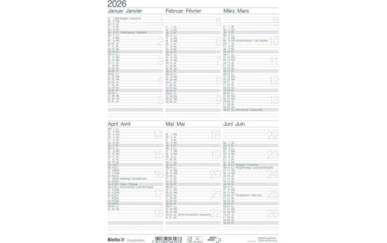 Biella Tischkalender – 6 Monate pro Seite – zweisprachig Deutsch/Französisch – 2026 – 21 × 29,7 cm