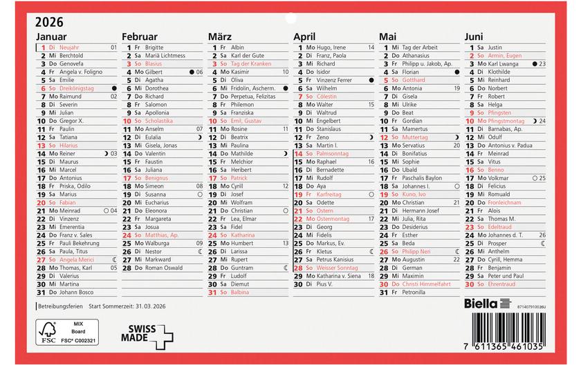 Biella Tafelkalender – Deutsch – 2026 – Zweiseitig – 23,5 × 15,5 cm