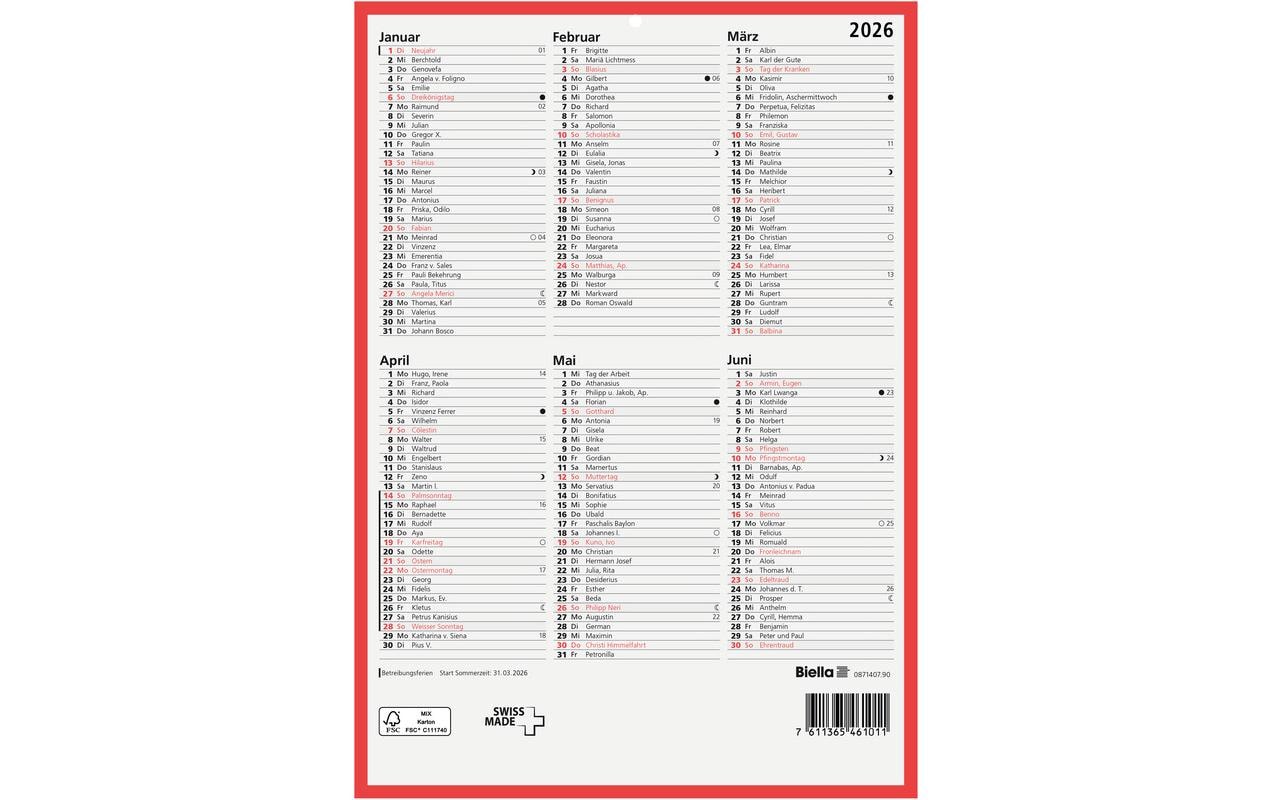 Biella Tafelkalender – 1 Jahr/2 Seiten – Deutsch – 2026 – Notizfeld, Lochung – 21 × 29,7 cm