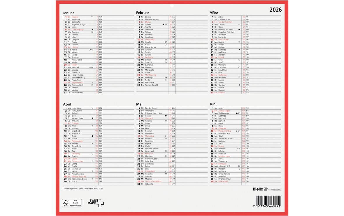 Biella Tafelkalender – 6 Monate pro Seite – Deutsch – 2026 – 32 × 29,7 cm