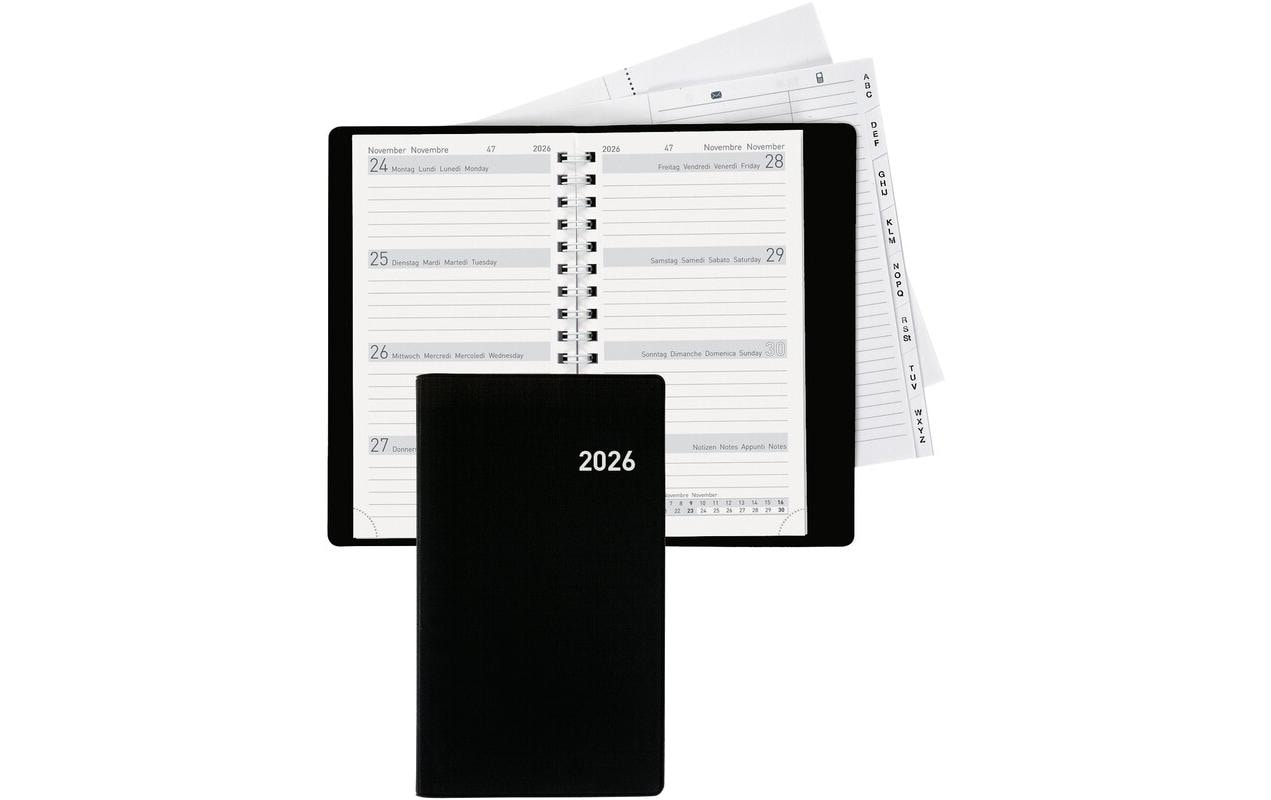 Biella Brüssel Agenda – 1 Woche/2 Seiten, Spiralbindung, 8,5 × 15,3 cm, 2026, Schwarz, FSC