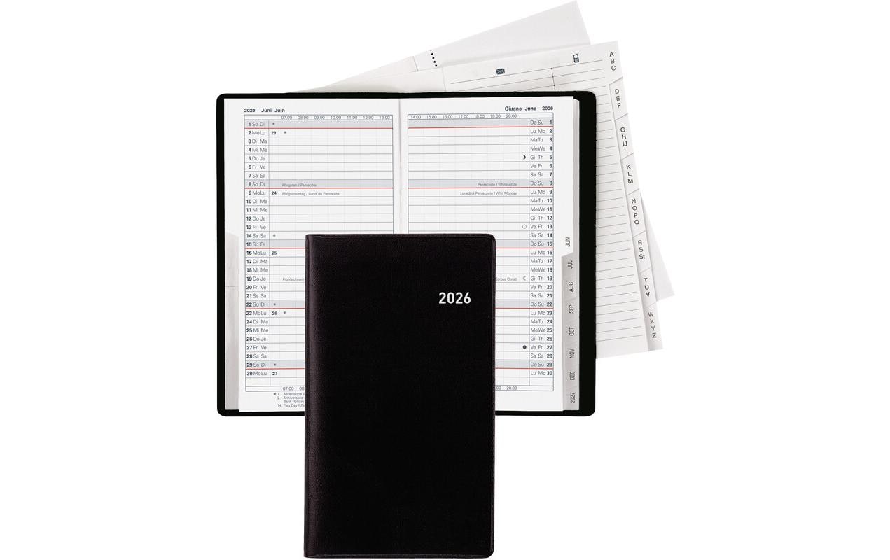 Biella Luzern Agenda – 1 Monat/2 Seiten, geheftet, 8,7 × 15,3 cm, 15 Monate Okt–Dez, 2026, schwarz, PEFC