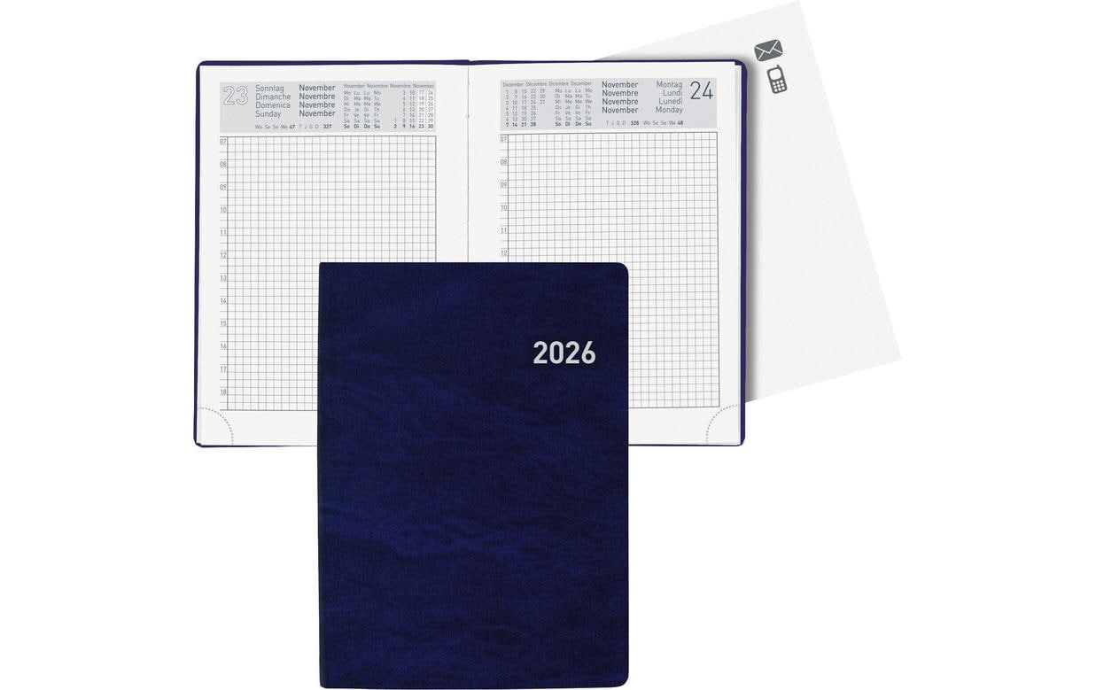 Biella Technikus Agenda – 1 Tag pro Seite, gebunden, 10,1 × 14,2 cm, 2026, 1-Stunden-Takt, Dunkelblau, FSC