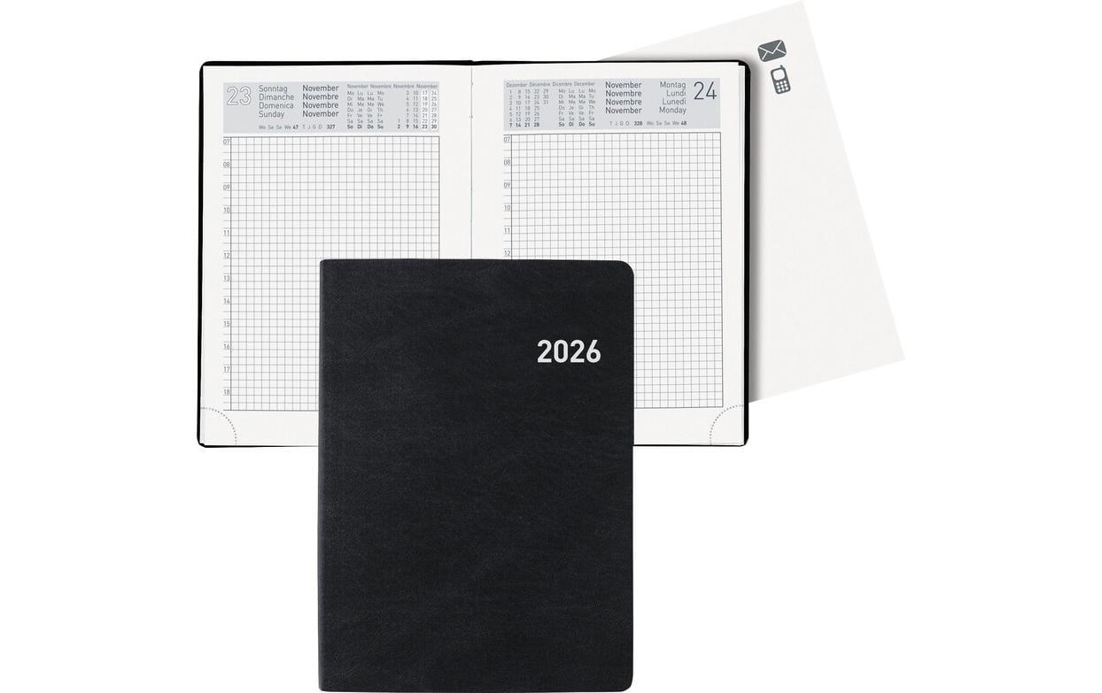Biella Technikus Agenda – 1 Tag pro Seite, gebunden, 10,1 × 14,2 cm, 2026, 1-Stunden-Takt, schwarz, FSC
