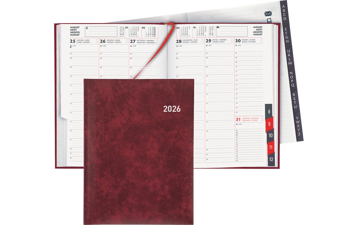 Biella Orario Geschäftsagenda – 1 Woche/2 Seiten, gebunden, 17,5 × 23,5 cm, 2026, Weinrot, FSC