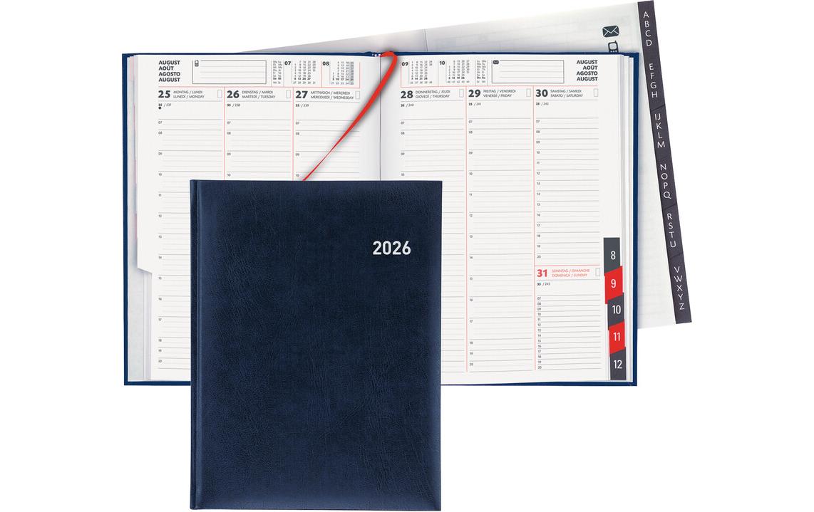 Biella Orario Agenda – 1 Woche/2 Seiten, Gebunden, 17,5 × 23,5 cm, 2026, Mehrsprachig, Dunkelblau, FSC