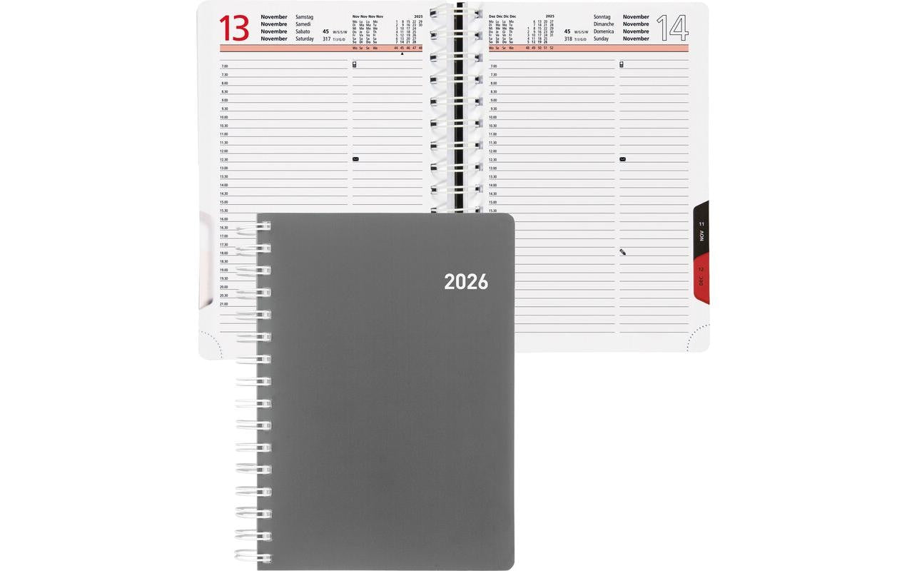 Biella Registra plus Agenda – 1 Tag pro Seite, Wire-O, 14,5 × 20,5 cm, 2026, 1/2-Stunden-Takt, Grau, FSC