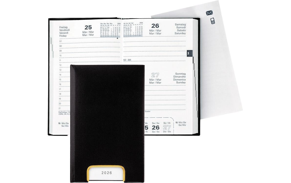 Biella Geschäftsagenda – 1 Tag pro Seite, gebunden, 10,1 × 16,0 cm, 2026, 1-Stunden-Takt, schwarz, FSC