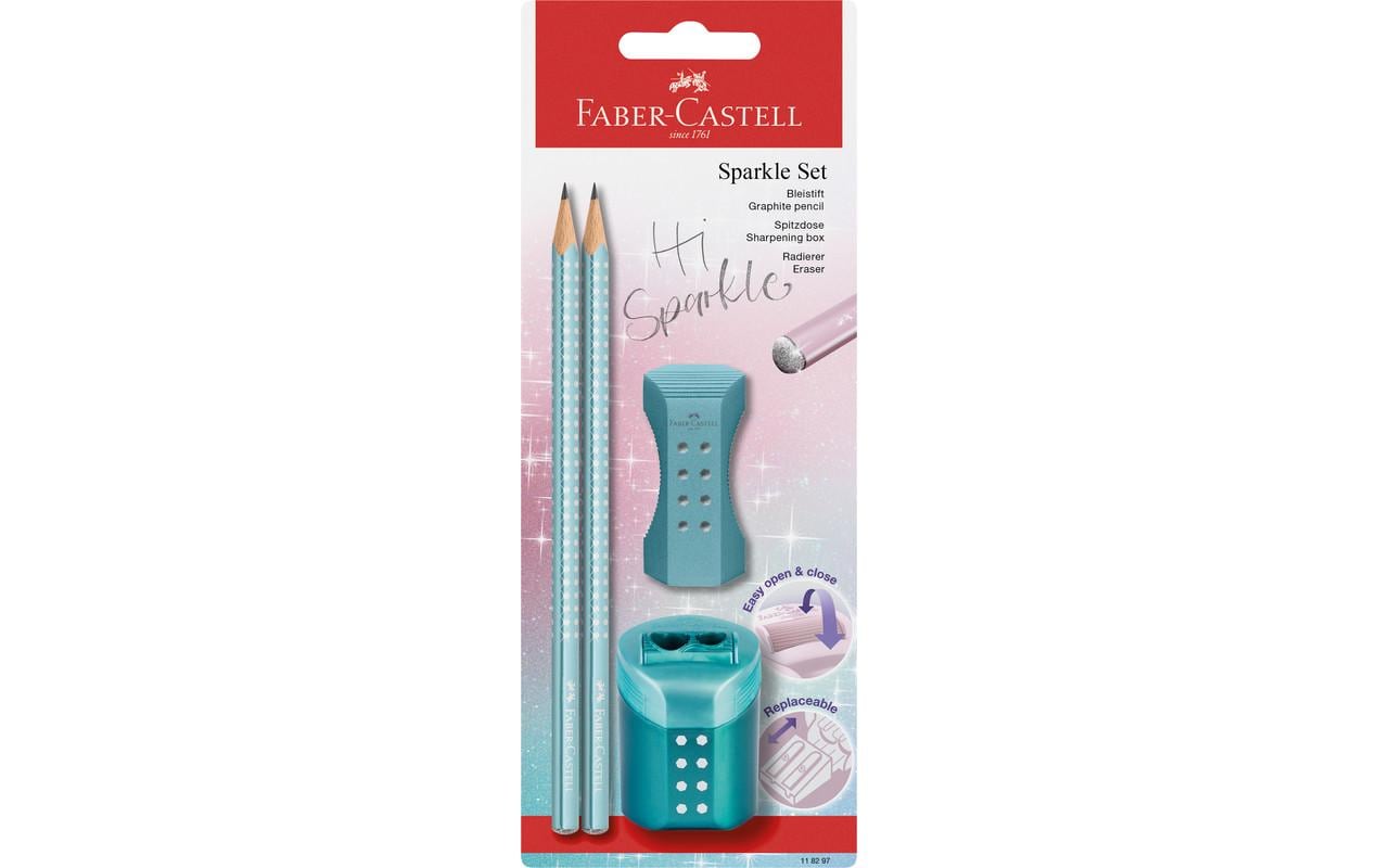 Faber-Castell Grip Hi Sparkle Bleistift, Dreikant, B, Mine Ø 2 mm, Ocean Metallic – 4-teiliges Set