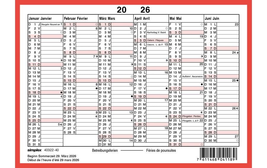 Simplex Tafelkalender – zweisprachig Deutsch/Französisch – 2026 – zweiseitig, Notizfeld – A6 quer