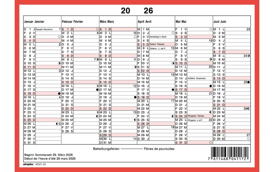 Simplex Tafelkalender – zweisprachig Deutsch/Französisch – 2026 – 6 Monate pro Seite, zweiseitig, mit Notizfeld – A5 quer
