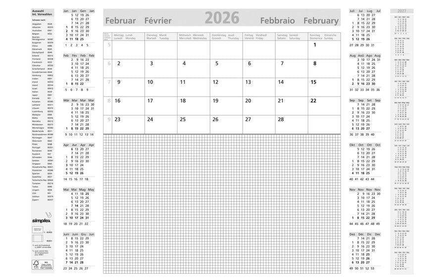 Simplex Schreibunterlage – 1 Monat pro Blatt – viersprachig D/F/I/GB – 2026 – 59,4 × 42 cm – 12 Blatt