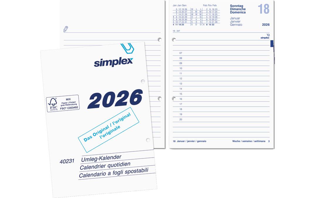 Simplex Kalender-Einlage – 1 Tag/Seite, 2-fach (70 mm), 12,5 × 17,5 cm, 2026