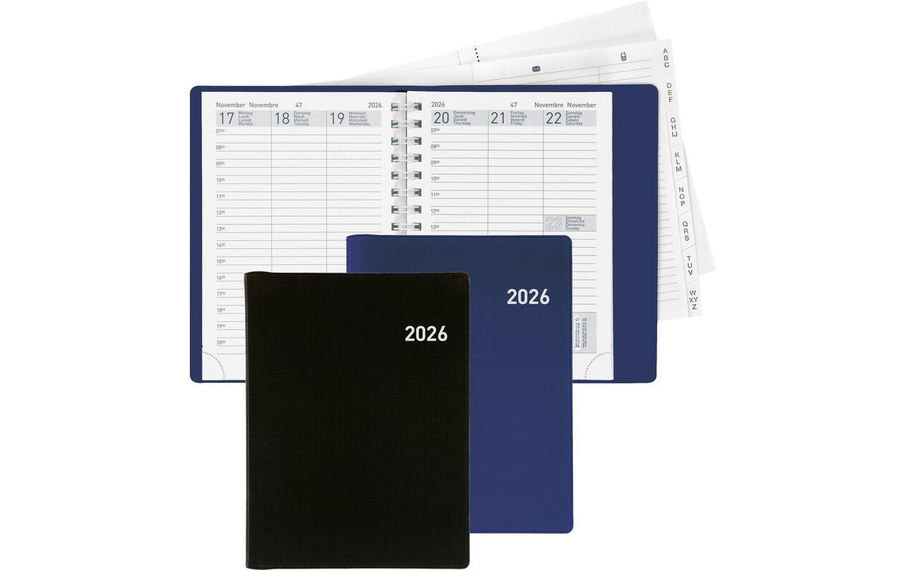 Biella Rex Agenda – 1 Woche/2 Seiten, Spiralbindung, 10,1 × 14,2 cm, 2026, mehrsprachig, schwarz, FSC