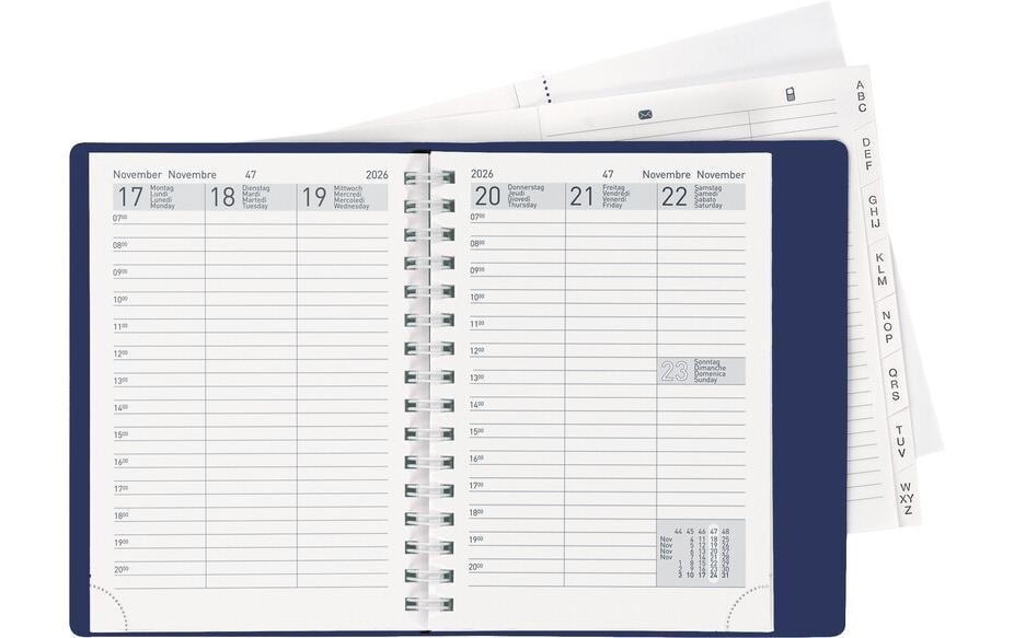 Biella Rex Agenda – 1 Woche/2 Seiten, Spiralbindung, 10,1 × 14,2 cm, 2026, Dunkelblau, FSC