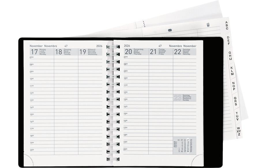 Biella Rex Agenda – 1 Woche/2 Seiten, Spiralbindung, 10,1 × 14,2 cm, 2026, mehrsprachig, schwarz, FSC