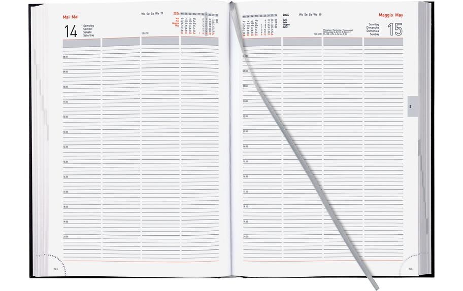 Biella Quattro Agenda – 1 Tag pro Seite, gebunden, A4, 2026, 1-Stunden-Takt, mehrsprachig, schwarz, FSC