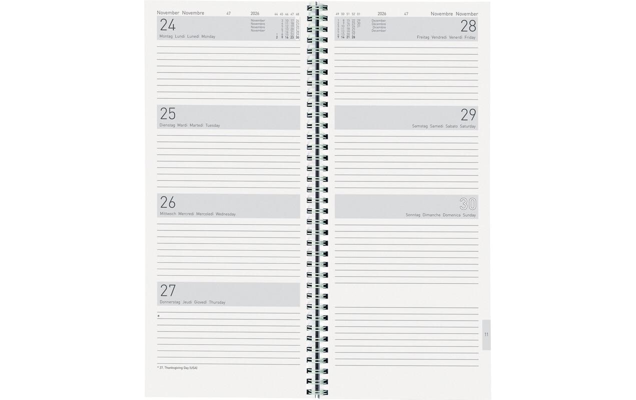 Biella Agenda – 1 Woche/2 Seiten, Spiralbindung, 13,5 × 31,5 cm, Jan–Dez, 2026, Dunkelblau, FSC