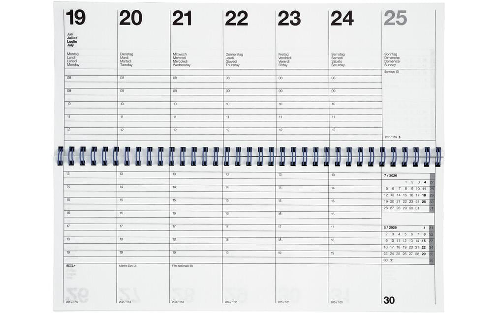 Biella Agenda – 1 Woche/2 Seiten, Spiralbindung, 29,8 × 11,7 cm, 2026, mehrsprachig, schwarz, FSC