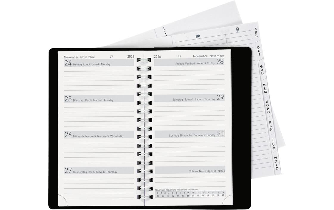 Biella Brüssel Agenda – 1 Woche/2 Seiten, Spiralbindung, 8,5 × 15,3 cm, 2026, Schwarz, FSC