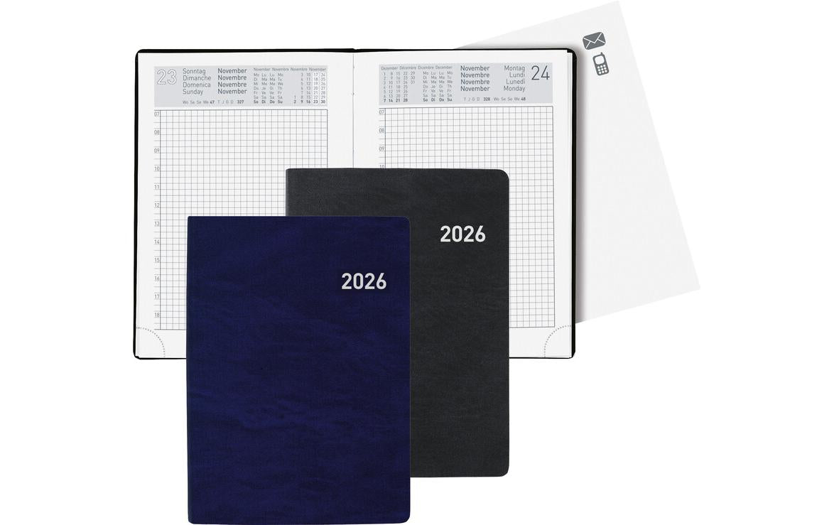 Biella Technikus Agenda – 1 Tag pro Seite, gebunden, 10,1 × 14,2 cm, 2026, 1-Stunden-Takt, schwarz, FSC