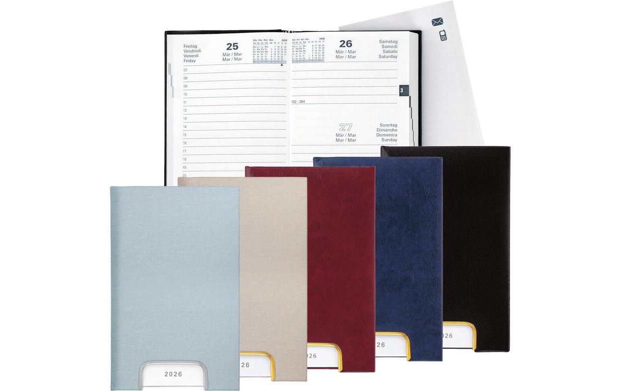 Biella Geschäftsagenda – 1 Tag pro Seite, gebunden, 10,1 × 16,0 cm, 2026, 1-Stunden-Takt, schwarz, FSC