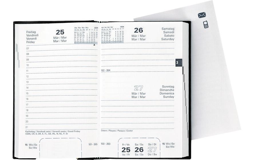 Biella Geschäftsagenda – 1 Tag pro Seite, gebunden, 10,1 × 16,0 cm, 2026, 1-Stunden-Takt, schwarz, FSC