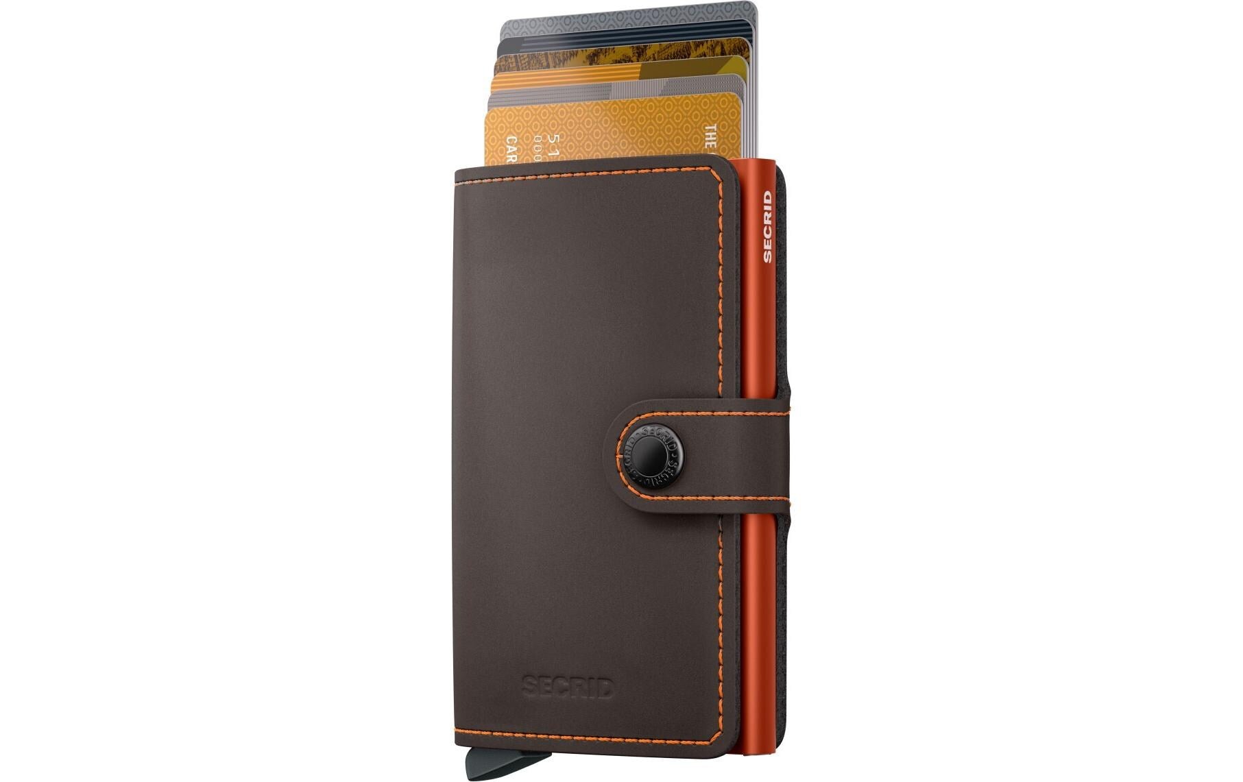 Secrid Miniwallet Kartenetui – RFID-Schutz, für 10 Karten – 65×102×21 mm – Echtes Leder – Dunkelbraun/Orange