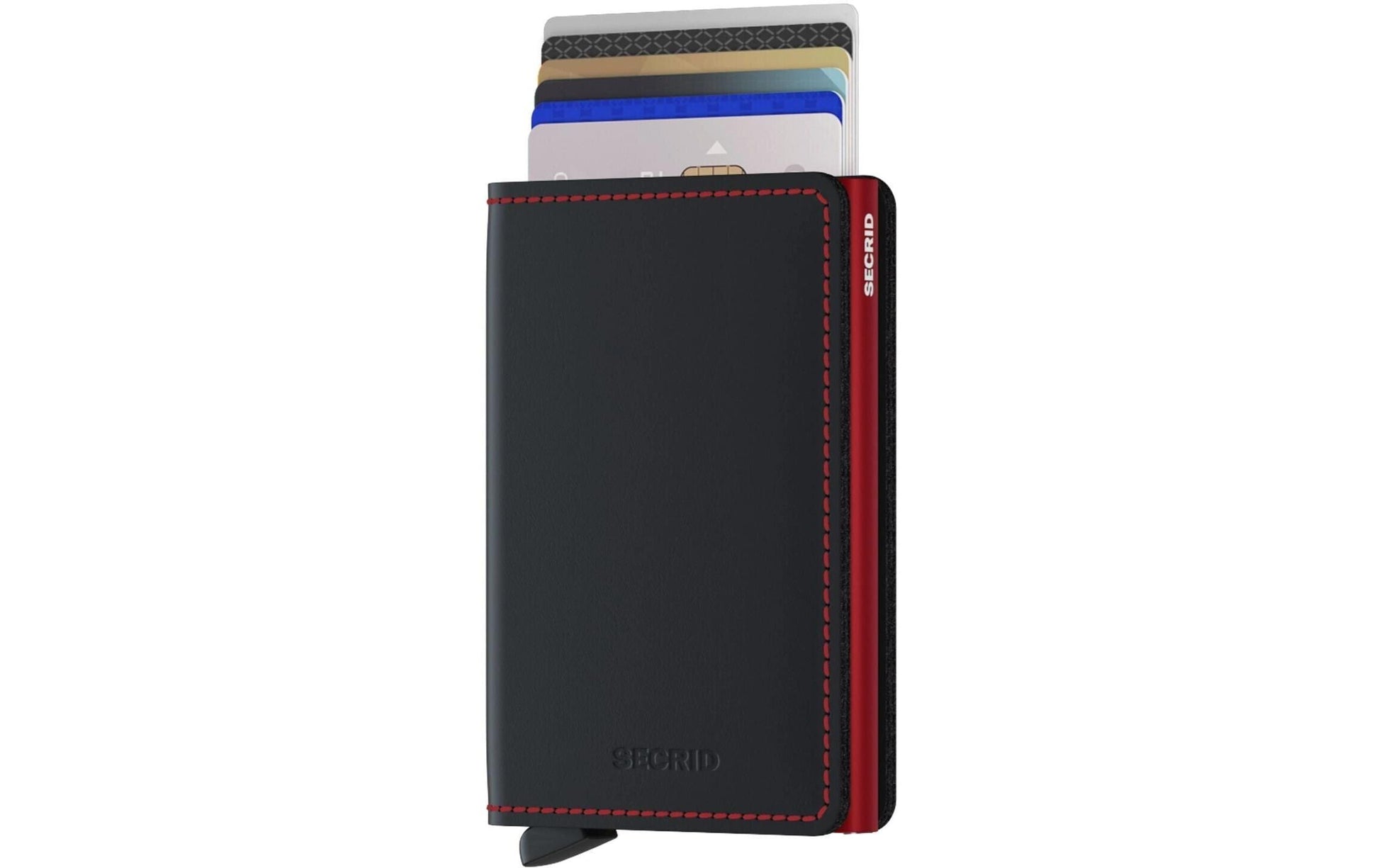 Secrid Slimwallet Kartenetui – RFID-Schutz – 68 × 16 × 102 mm, 10 Karten – Schwarz/Rot – Aluminium, Leder