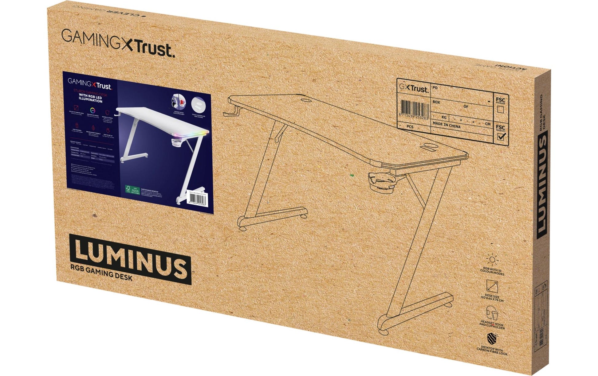 Trust GXT709W Luminus – Rollbarer Computertisch, 1'200×600×740 mm, RGB-LED-Beleuchtung, bis 150 kg, Weiss