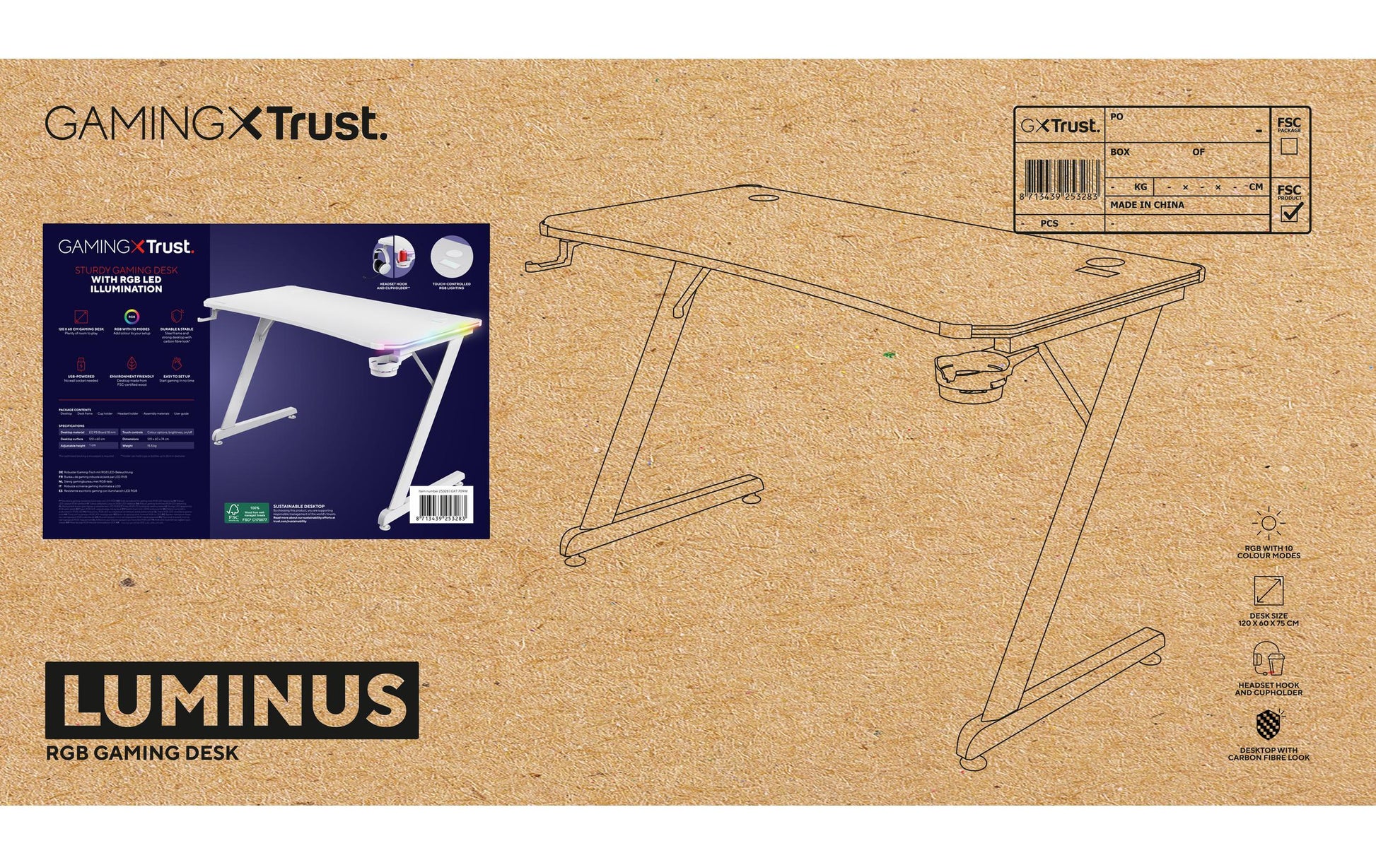 Trust GXT709W Luminus – Rollbarer Computertisch, 1'200×600×740 mm, RGB-LED-Beleuchtung, bis 150 kg, Weiss