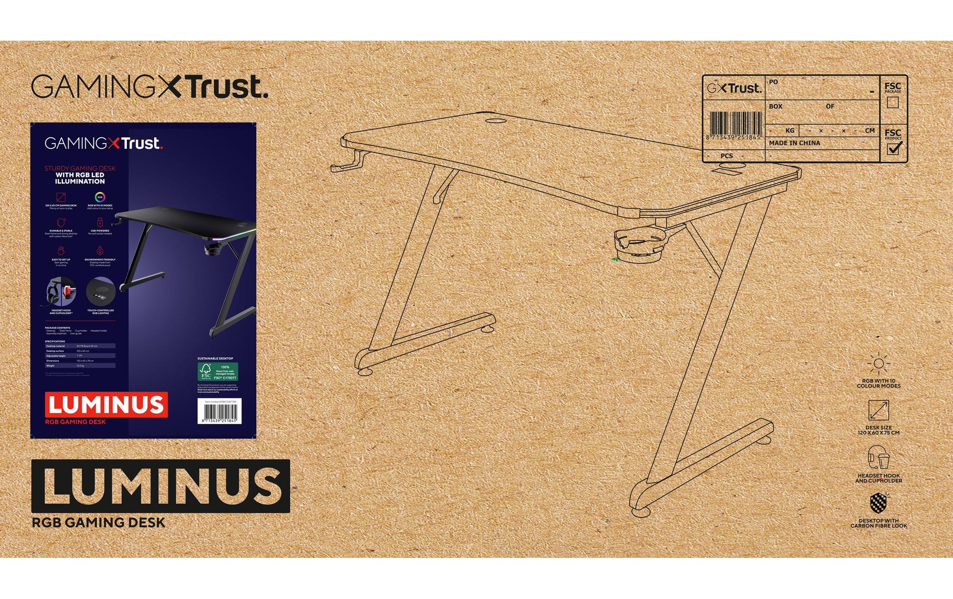 Trust GXT709 Luminus – Rollbarer Computertisch, 1'200×600×740 mm, bis 150 kg, schwarz