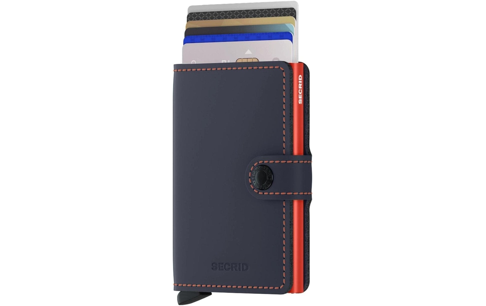 Secrid Miniwallet – RFID-Schutz – 65×102×21 mm, für 10 Karten – Mattes Nachtblau/Orange – Leder