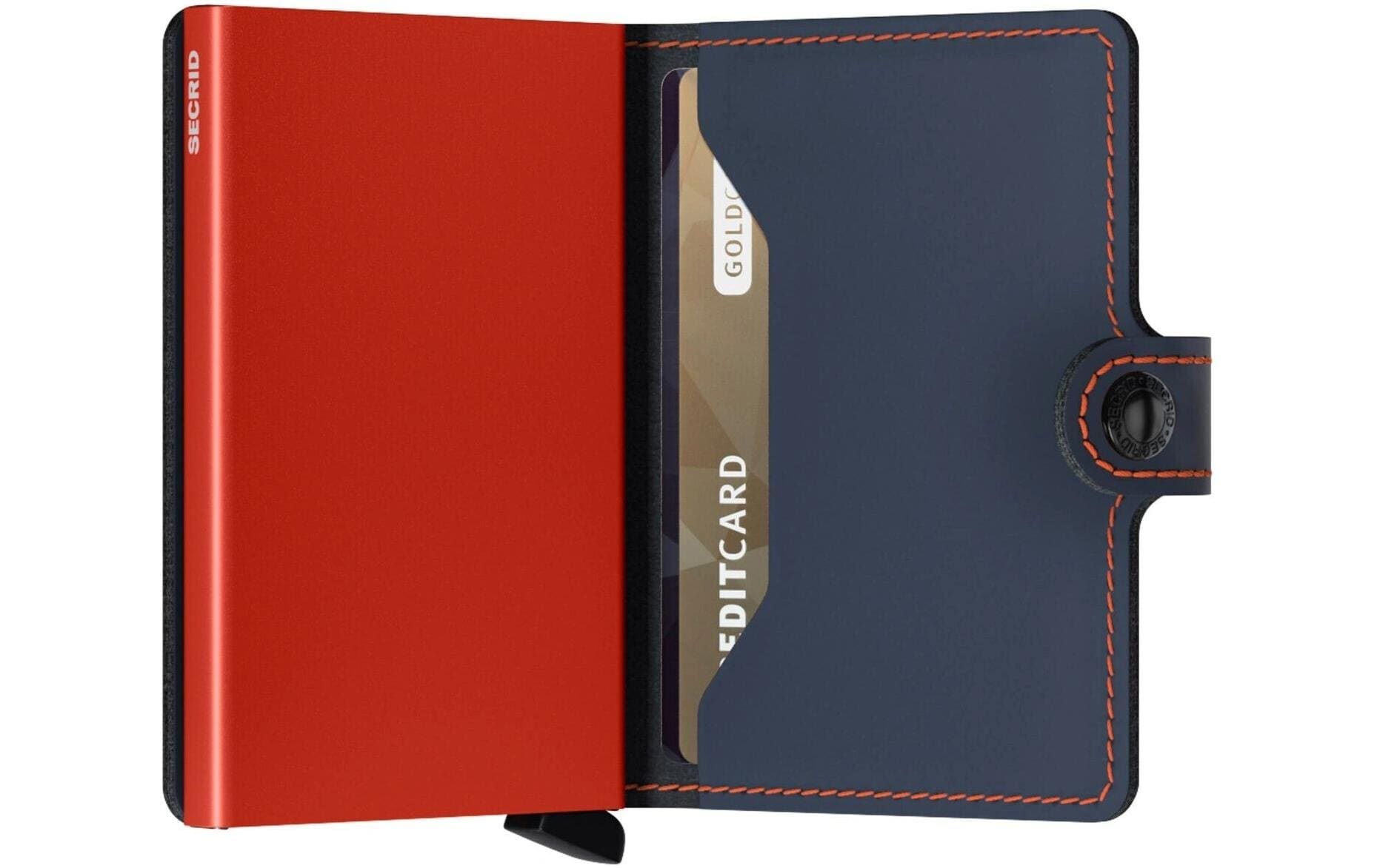Secrid Miniwallet – RFID-Schutz – 65×102×21 mm, für 10 Karten – Mattes Nachtblau/Orange – Leder