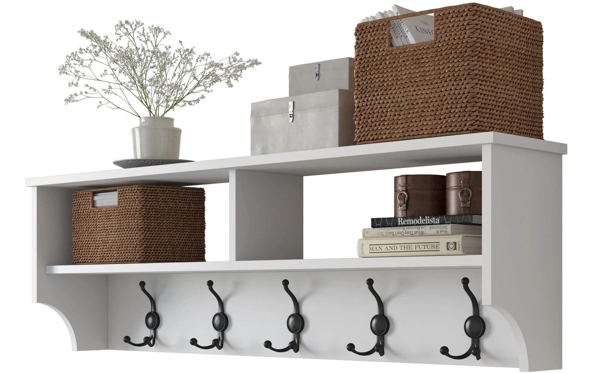 Woody Fashion Wandgarderobe – 5 Haken, Spanplatte, Weiss, 120 × 22,2 × 37,2 cm