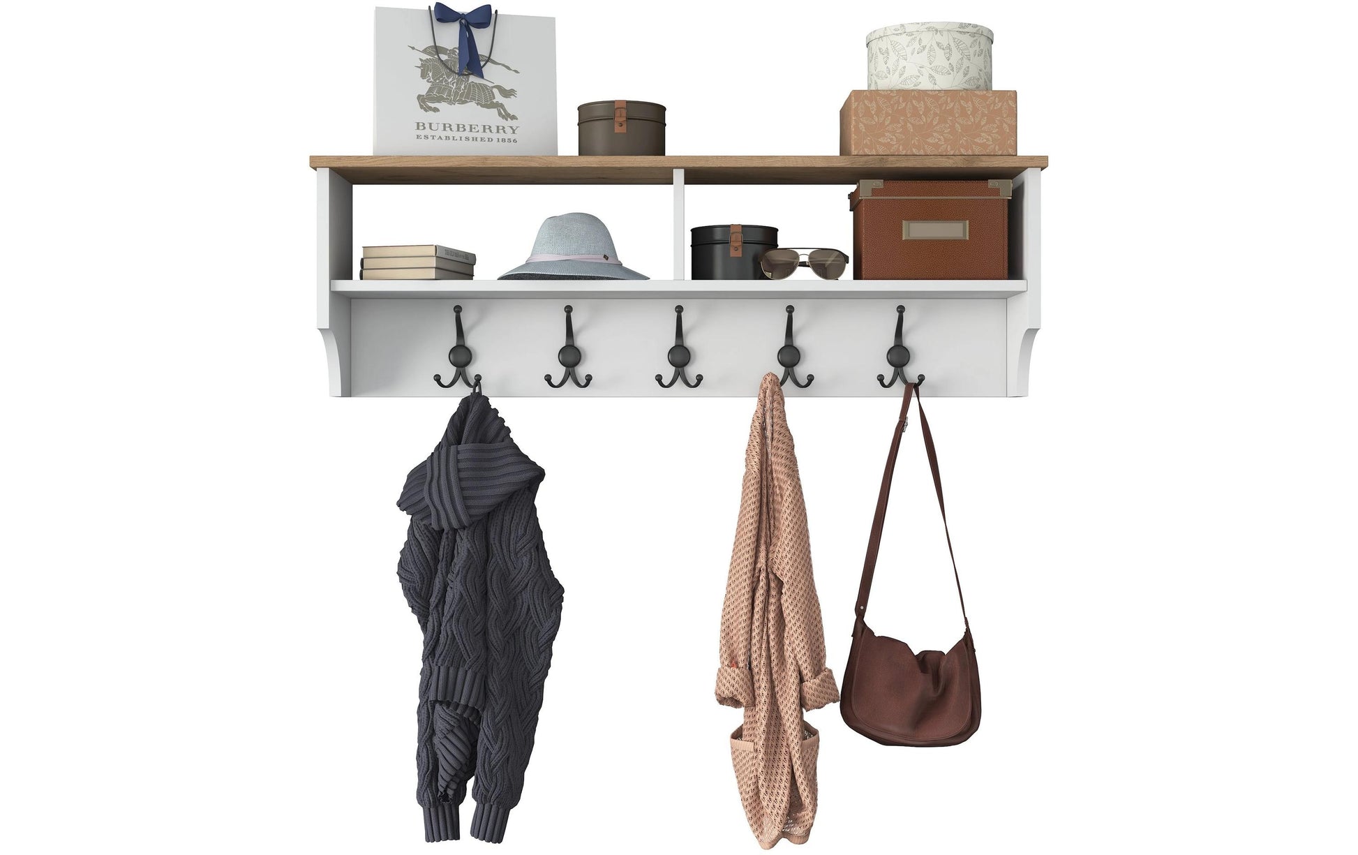 Woody Fashion Wandgarderobe mit 5 Haken – Spanplatte – weiss – 1'200 × 372 × 222 mm