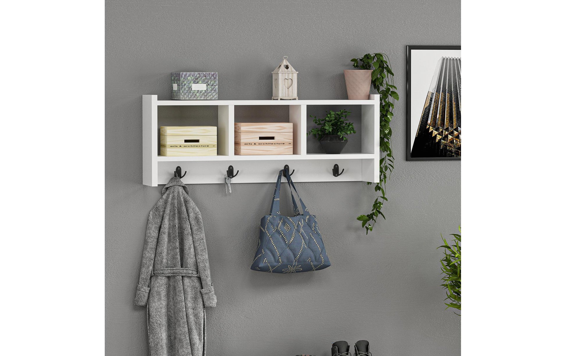 Woody Fashion Wandgarderobe – 4 Haken, Spanplatte, Weiss, 75,6 × 22 × 35 cm