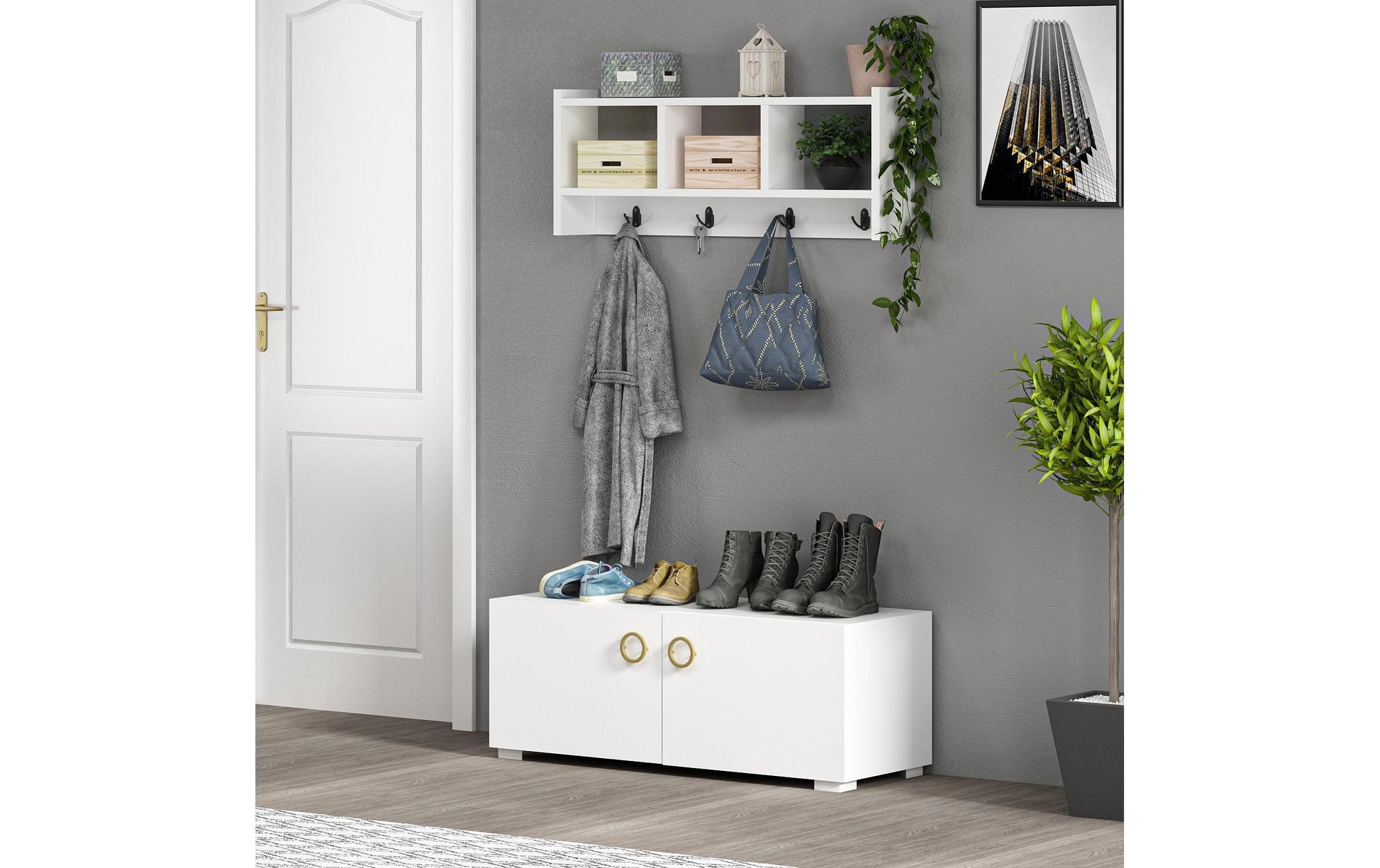 Woody Fashion Wandgarderobe – 4 Haken, Spanplatte, Weiss, 75,6 × 22 × 35 cm