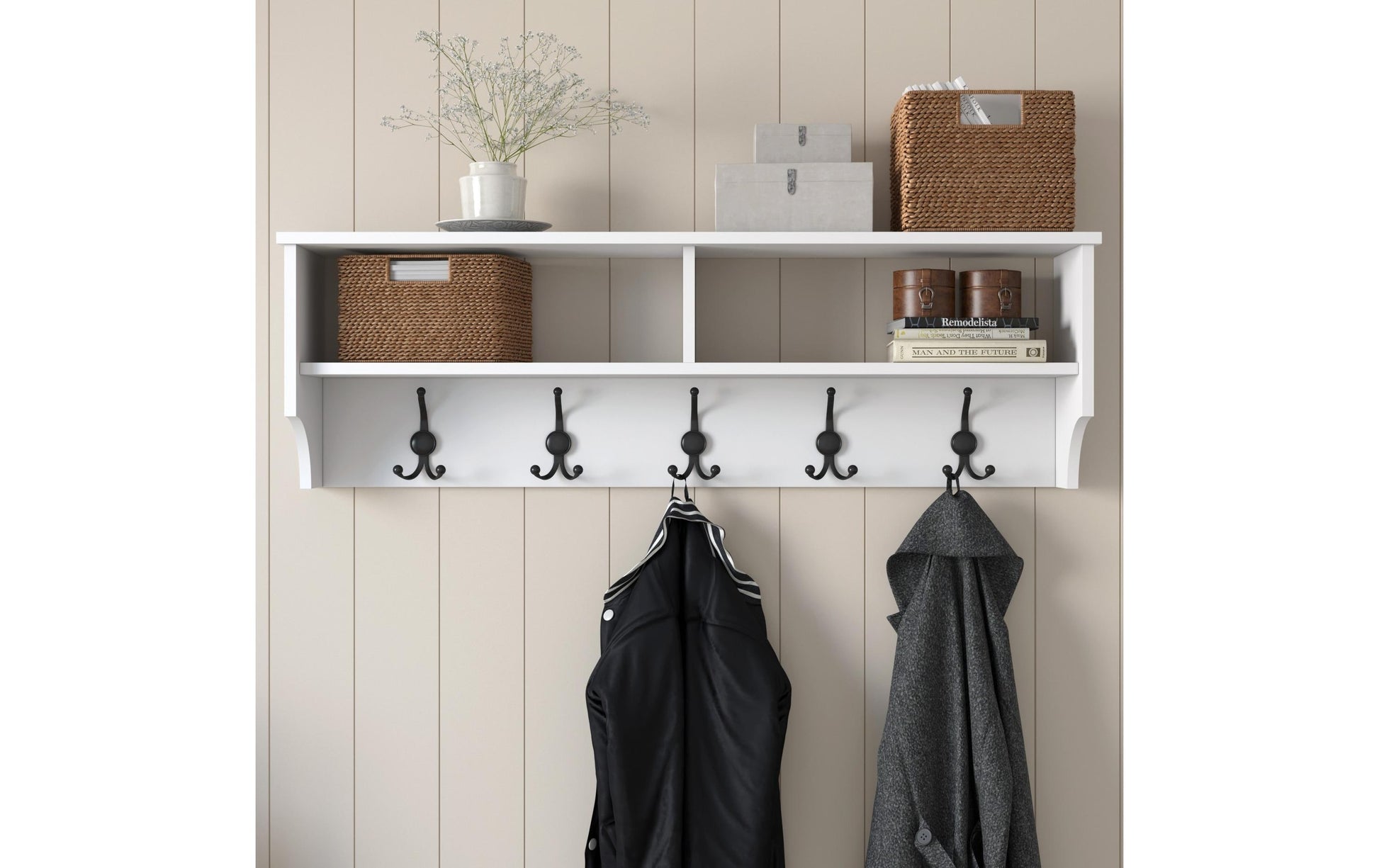 Woody Fashion Wandgarderobe – 5 Haken, Spanplatte, Weiss, 120 × 22,2 × 37,2 cm