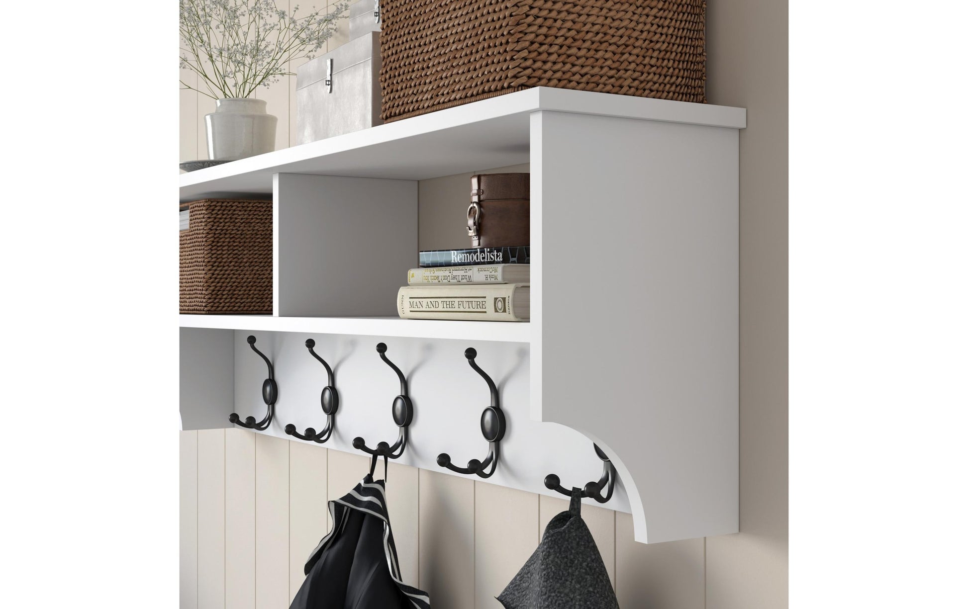 Woody Fashion Wandgarderobe – 5 Haken, Spanplatte, Weiss, 120 × 22,2 × 37,2 cm