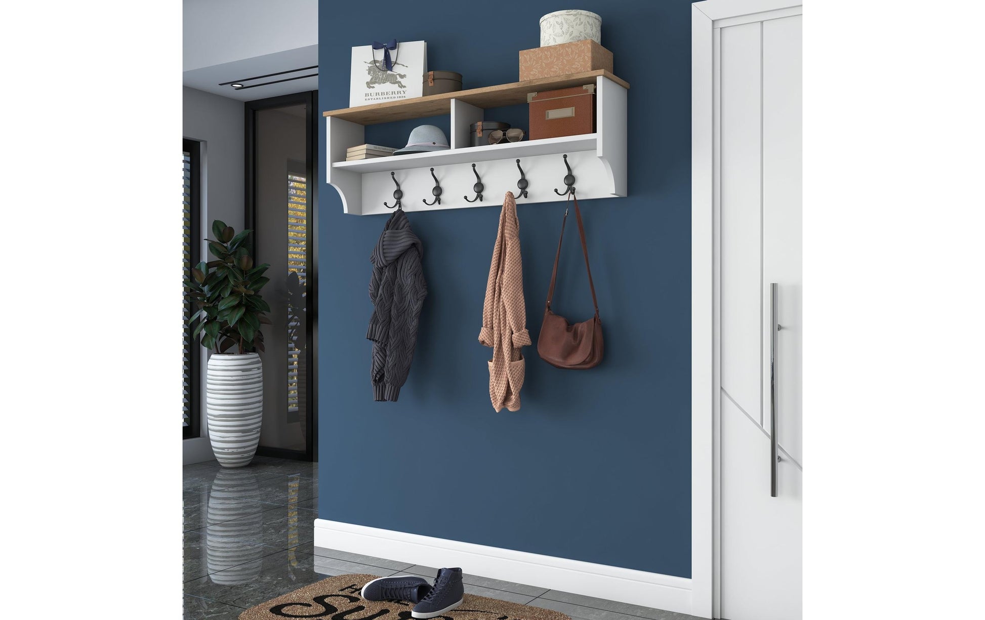 Woody Fashion Wandgarderobe mit 5 Haken – Spanplatte – weiss – 1'200 × 372 × 222 mm