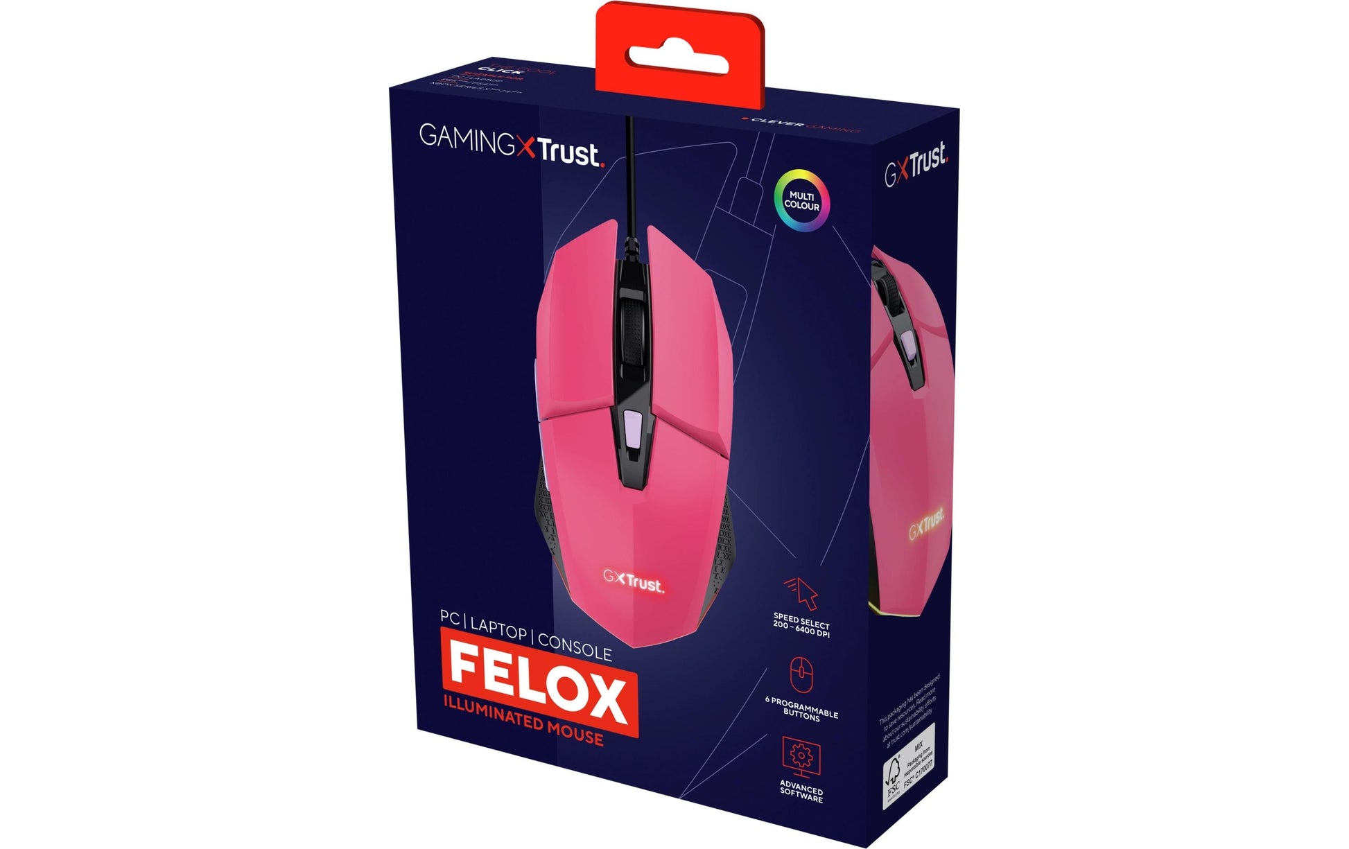 Trust GXT109 Felox – Gaming-Maus – Kabelgebunden (USB-A), 6400 DPI, Beidhändig, Pink