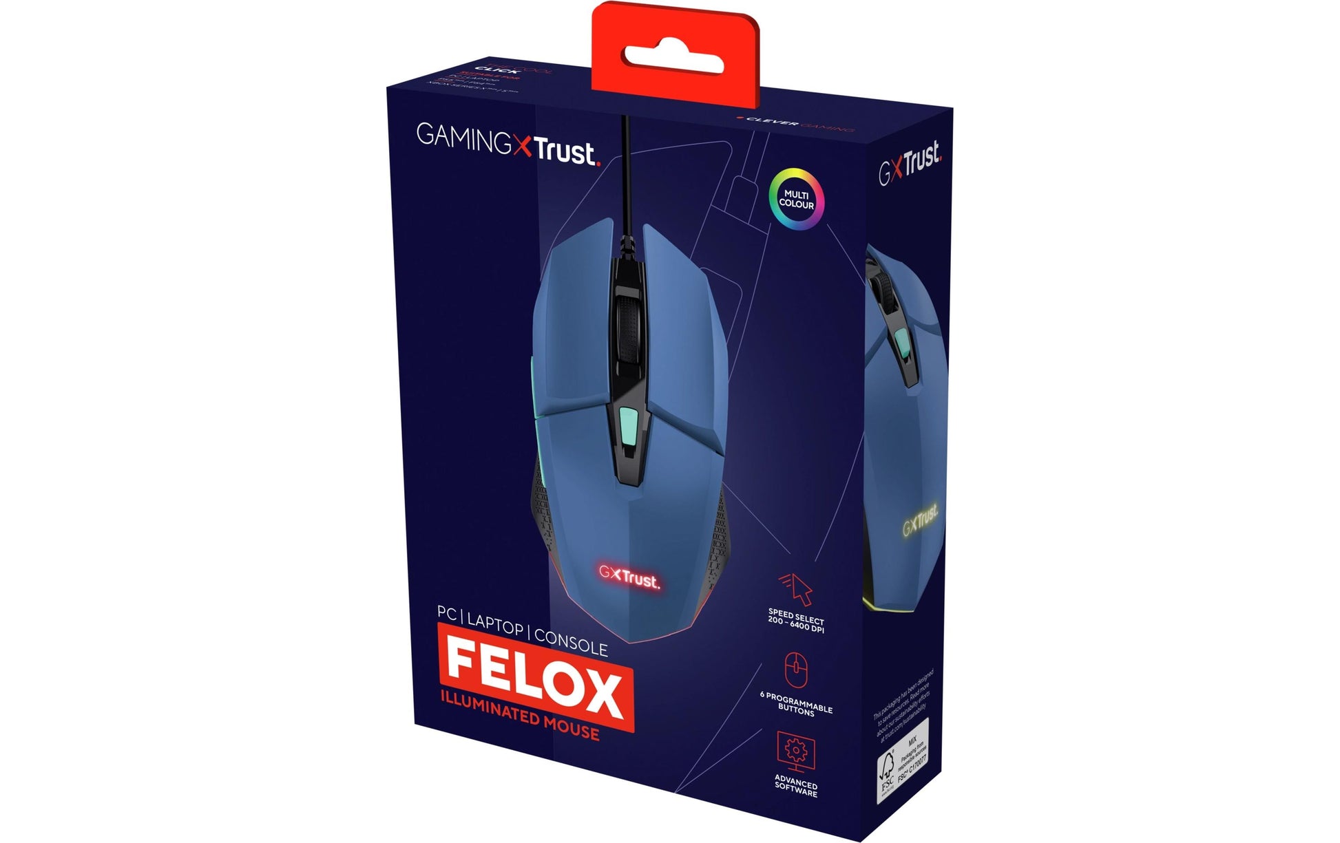 Trust GXT109 Felox – Gaming-Maus – Kabelgebunden (USB-A), 6400 DPI, RGB-Beleuchtung, beidhändig, Blau