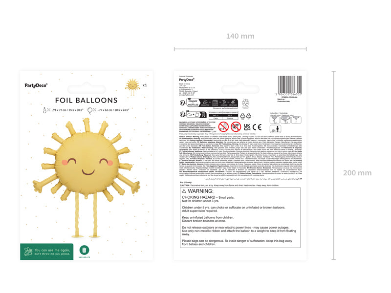 PartyDeco Folienballon Sonne – 77 × 62 cm – Folie, Gelb