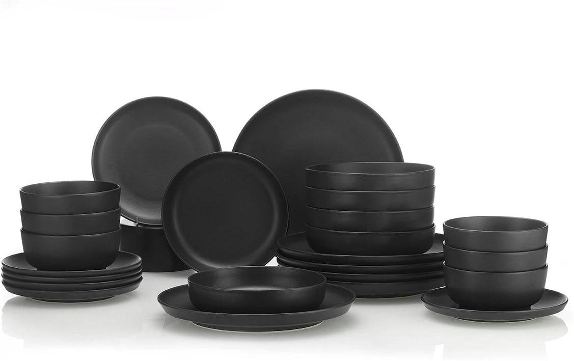 Hermia Geschirrset 710KTP3369 – Set 24-teilig, Speiseteller Ø 27 cm, Porzellan, Schwarz, spülmaschinenfest