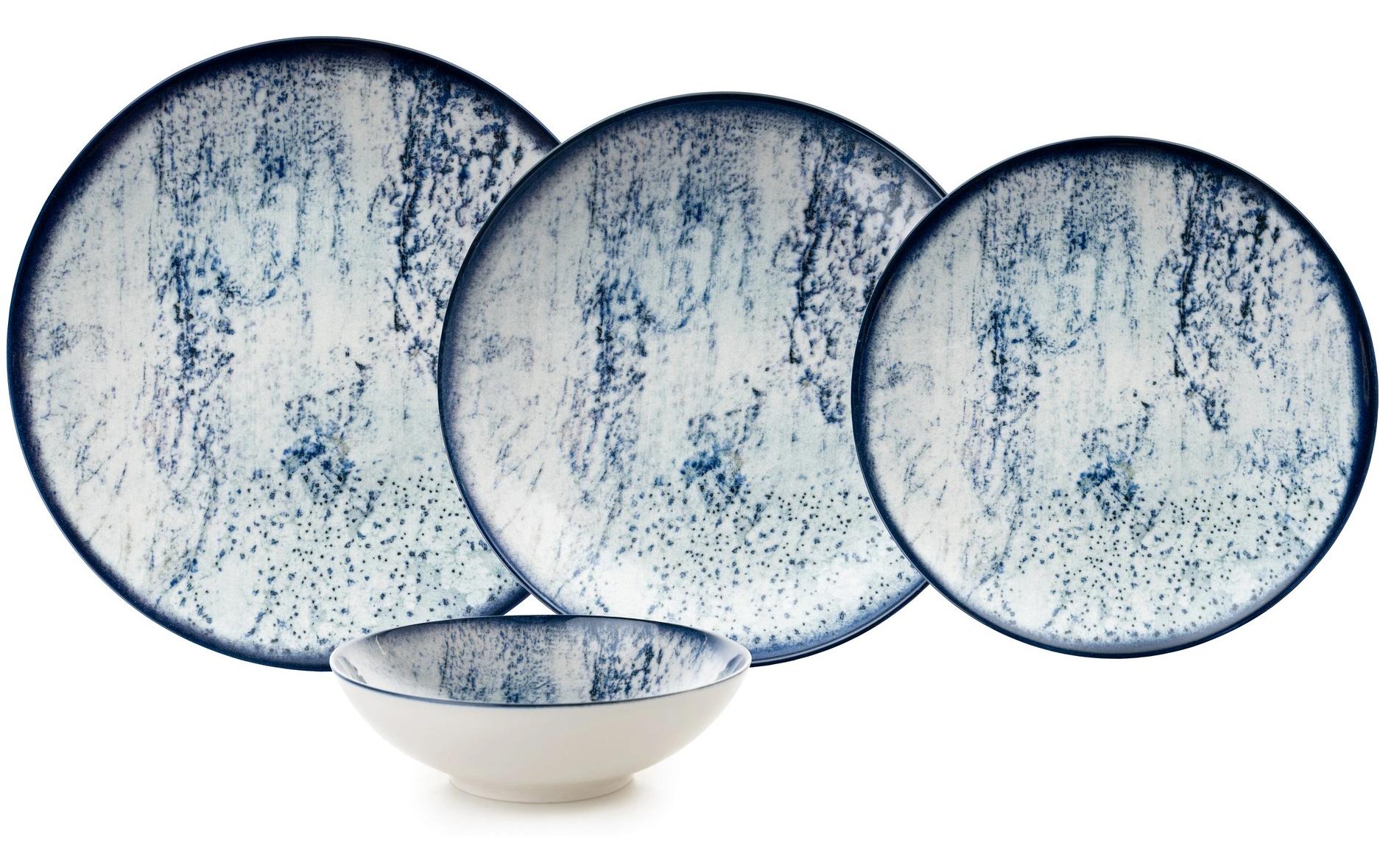 Hermia Geschirrset – 24-teiliges Set, Porzellan, Blau/Weiss, Speise-/Dessert Ø 20 cm, Suppenteller Ø 15 cm