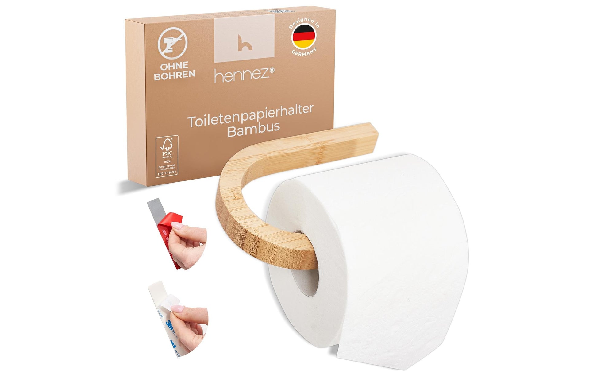 Hennez Evan – Toilettenpapierhalter – Bambus, Braun, Zum Bohren, 15 × 11 × 1,5 cm