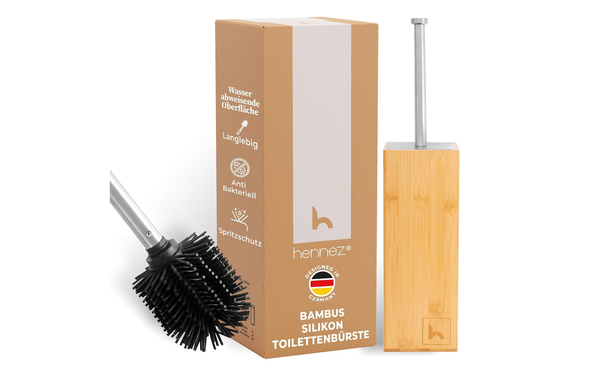 Hennez WC-Bürstenset – Bambus, Silikon, Braun, Antibakteriell, Langer Griff, H 17,5 cm