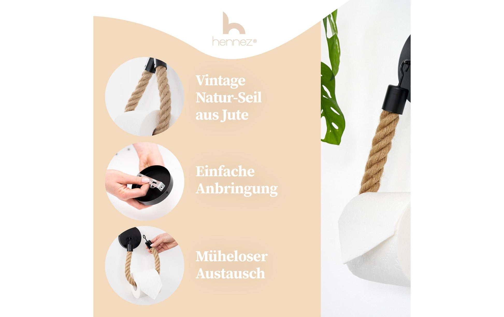 Hennez Toilettenpapierhalter – Bambus, Braun, Wandmontiert, Klebend, für 1 Rolle, 22 × 9,8 cm