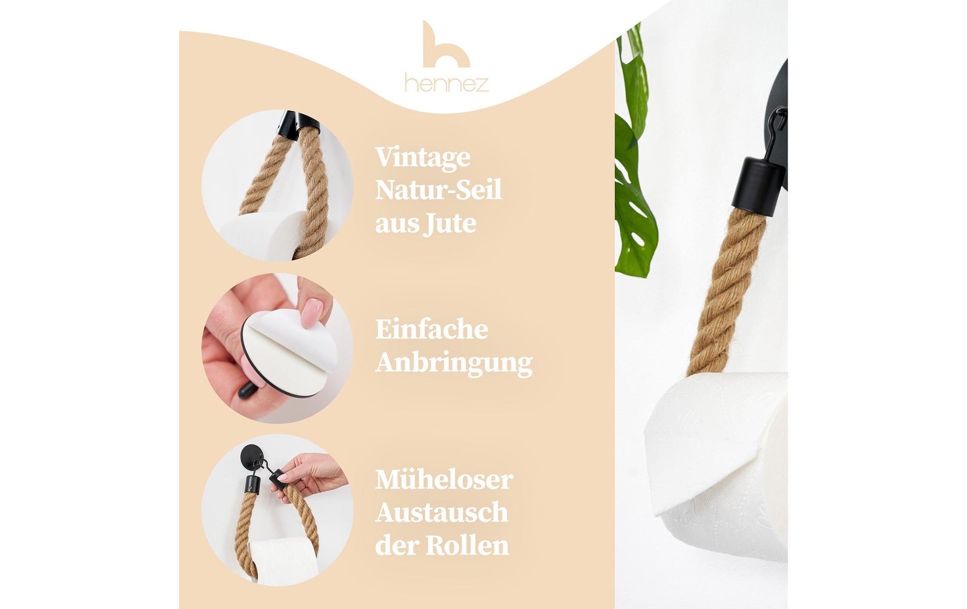 Hennez Toilettenpapierhalter – Bambus, Braun, Klebend, Wandmontiert, 22 × 4,5 cm
